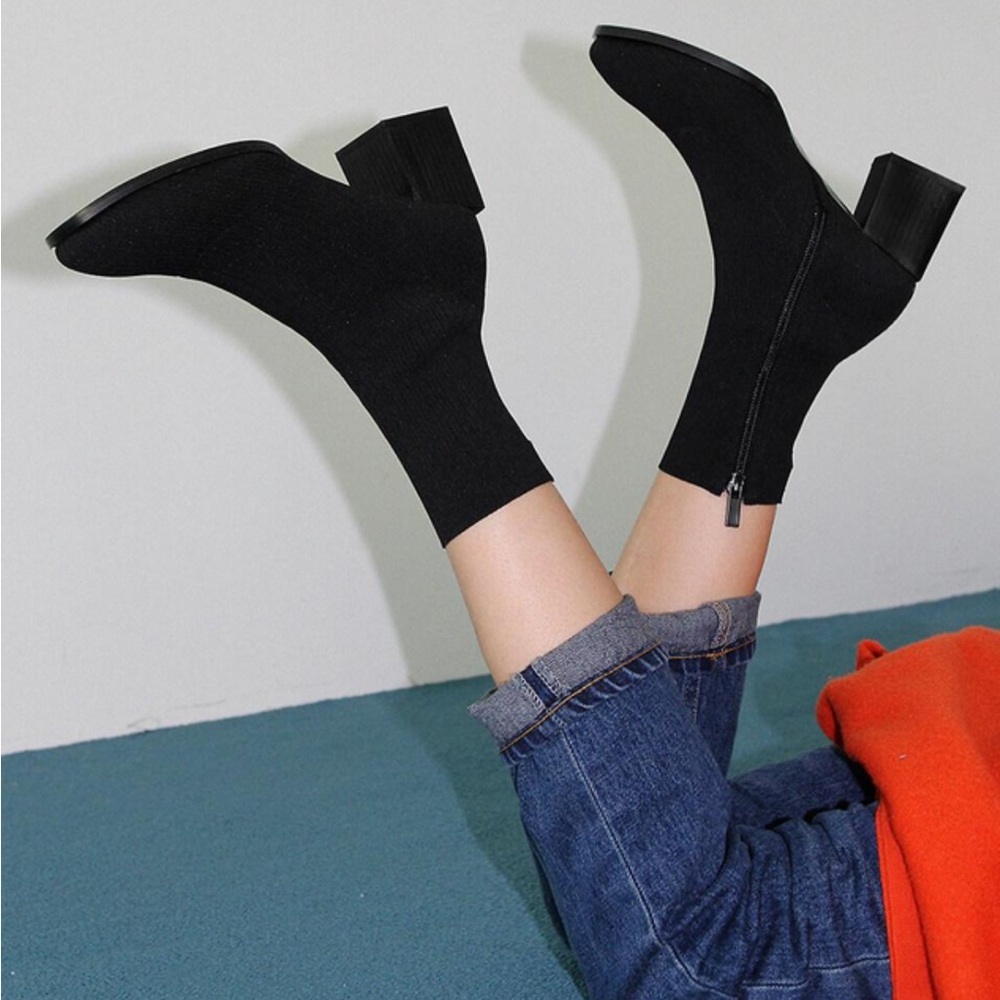 Rekken Ankle Sock Boots Elina Black Ankle Block Heel Size 230 Korean 6 US